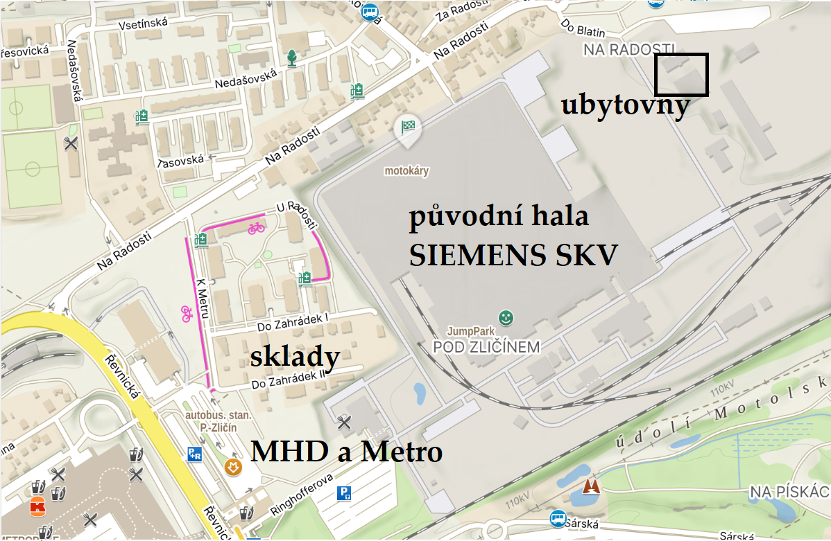 Mapa bývalé SKV a dopravního uzlu metra, příměstských autobusů a MHD autobusů 